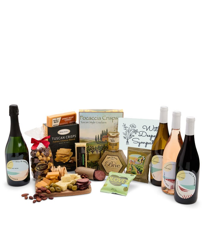 Deepest Sympathy Deluxe Charcuterie Gift Box with Red, White, Rosé &amp; Sparkling Wine