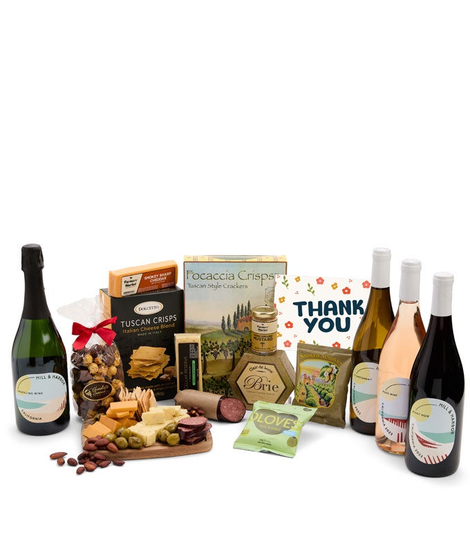 Thank You! Charcuterie, Cheese &amp; California Wine Gourmet Gift Box - Red, White, Rosé &amp; Sparkling Wine