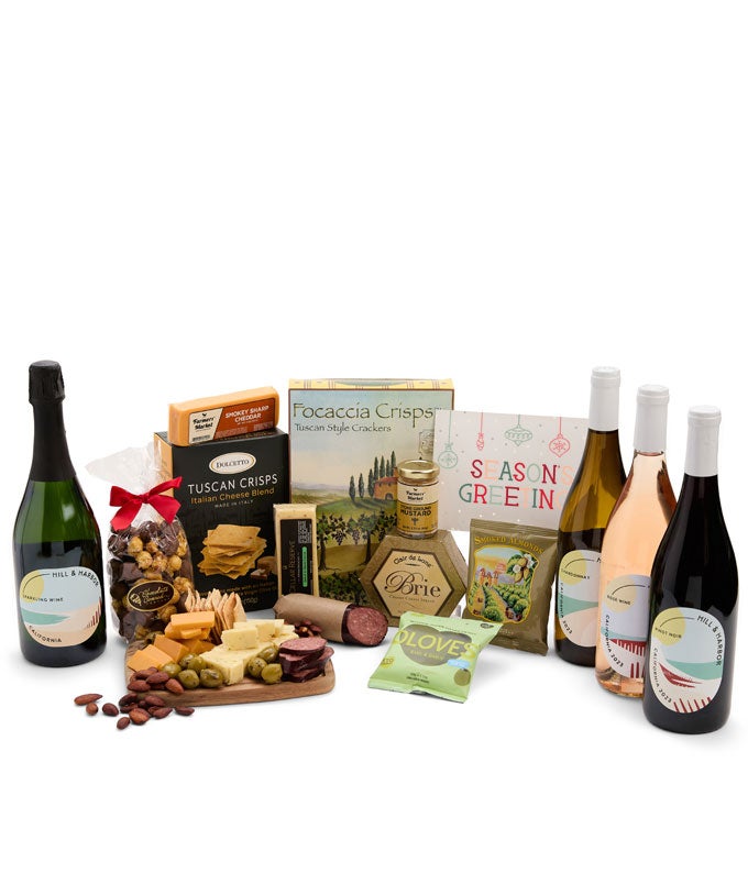 Season's Greetings Charcuterie & Cheese Box with Red, White, Rosé & Sparkling Wine