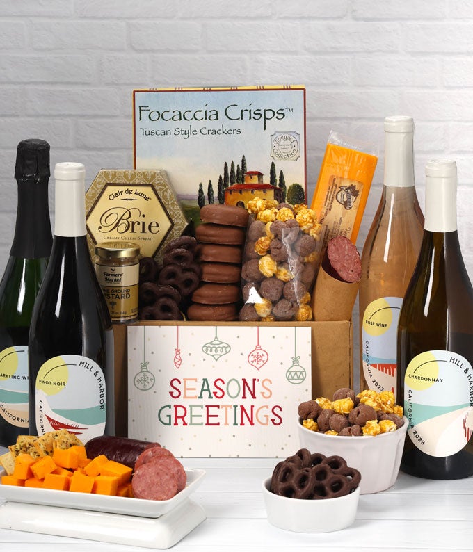 Season's Greetings Sweet & Savory Gift Box with Red, White, Rosé & Sparkling Wine
