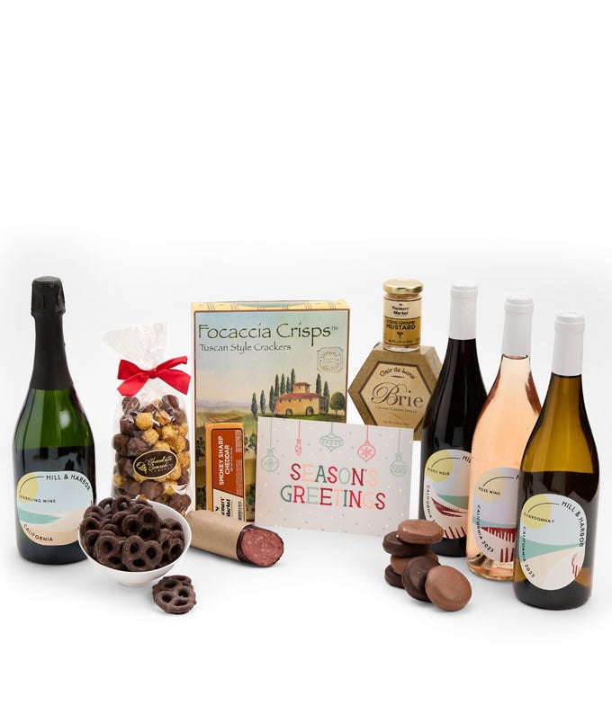 Season&#39;s Greetings Sweet &amp; Savory Gourmet Gift Box with California Red, White, Rosé &amp; Sparkling Wine