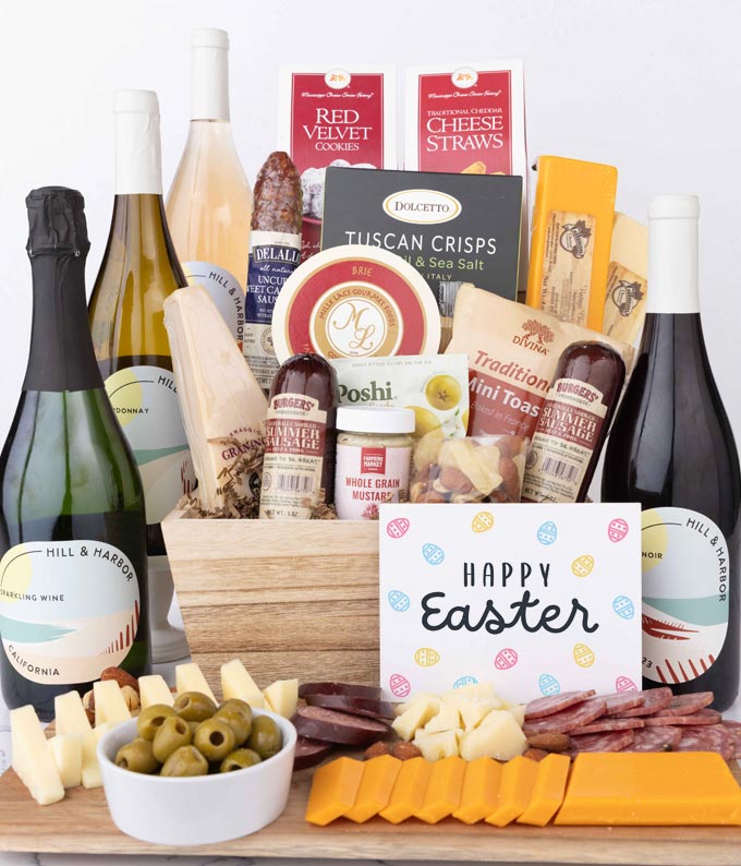 Premium Charcuterie & Cheese Easter Gift Basket with Red, White, Rosé & Sparkling Wine