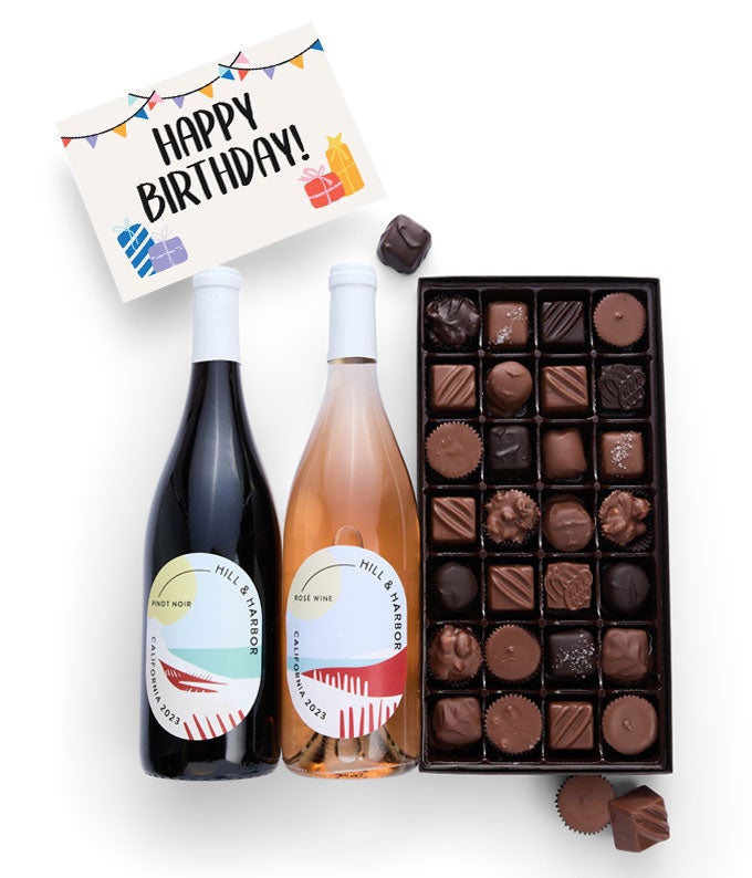 Happy Birthday two bottle wine and chocolate gift basket. The birthday wine gift includes California Pinot Noir, California Rosé Wine and 28 chocolate truffles. 