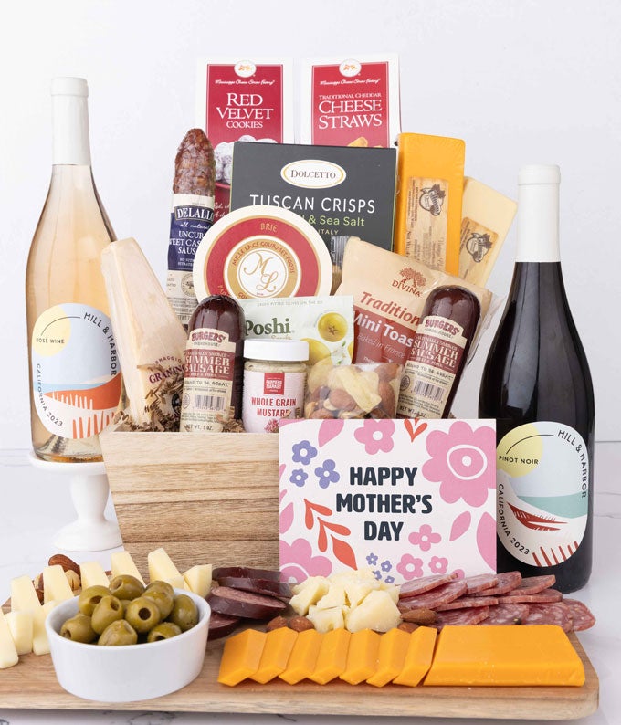 Premium Charcuterie & Cheese Mother's Day Gift Basket with Red & Rosé Wine