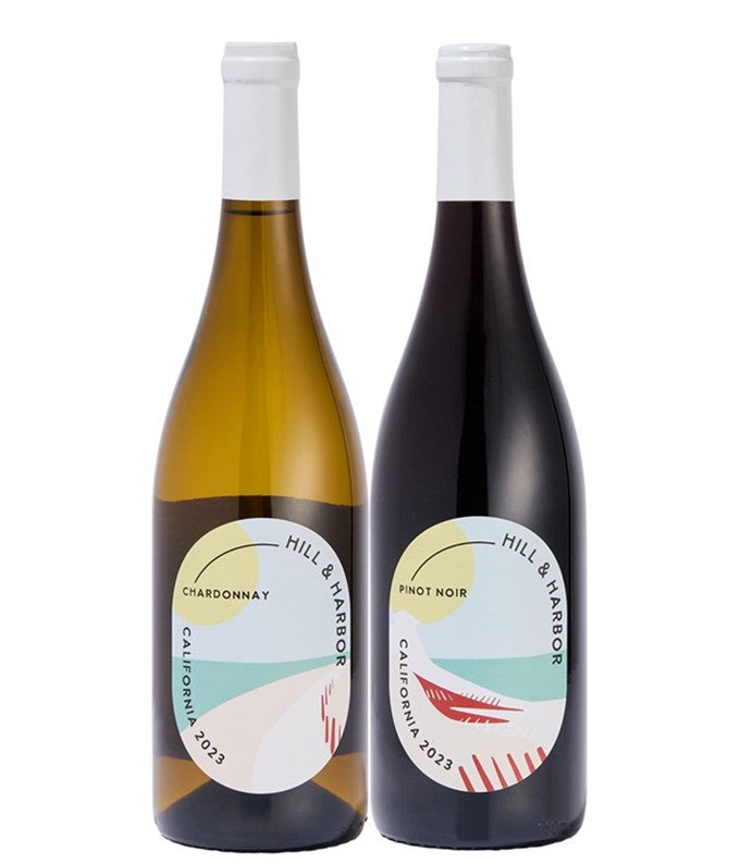 Image of Hill &amp; Harbor Chardonnay and Pinot Noir, the California wines including in the gift basket