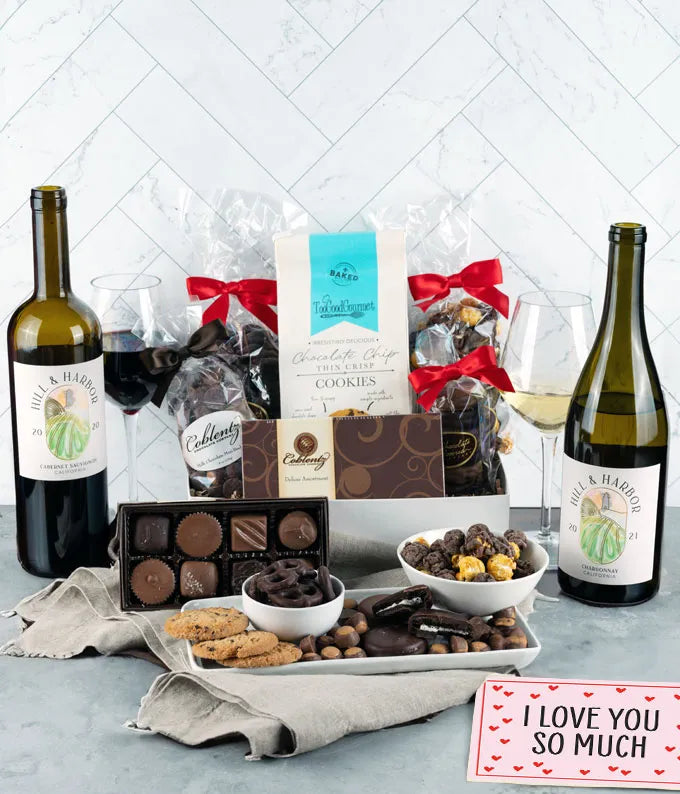 I Love You! Gourmet Chocolate &amp; Wine Indulgence Gift Box - California Red &amp; White Wine