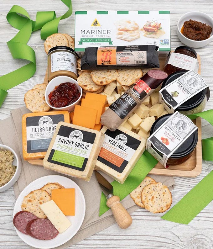 Food gift basket with sausage, multiple cheese, bruschetta and crackers