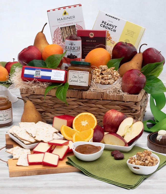Fruit, cheese, crackers and snack luxury basket
