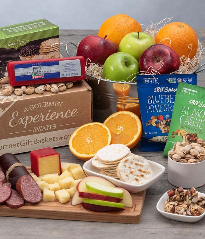 Farmer&#39;s Market gift box with fresh fruit, sausage, cheese, crackers and nut mixes