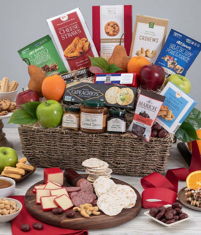 Large food gift basket for next day delivery with fruit, cheese, sausage, cookies and more
