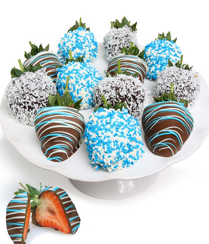 New baby boy chocolate covered strawberries with blue decorations