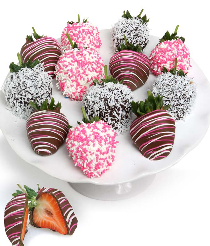 New baby girl chocolate covered strawberries with pink chocolate decorations