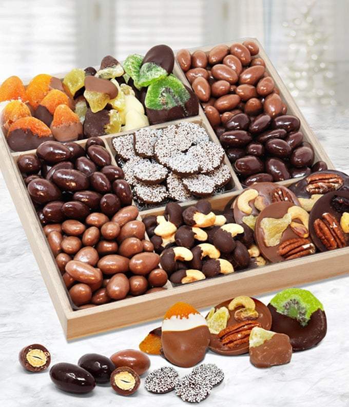 chocolate covered dried fruit with chocolate covered nuts