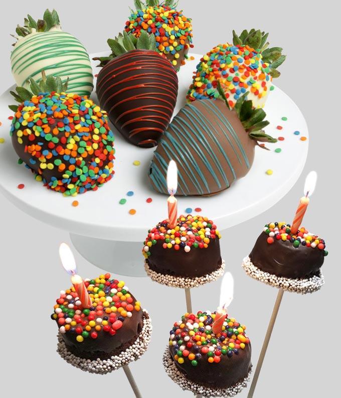 Birthday Chocolate Covered Strawberries and cake Brownie Pops