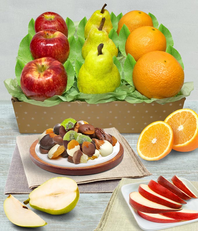 Fresh fruit and chocolate covered dried fruit