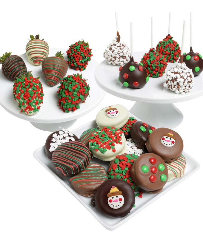 Christmas strawberries, Oreos and cake pops topped with chocolate