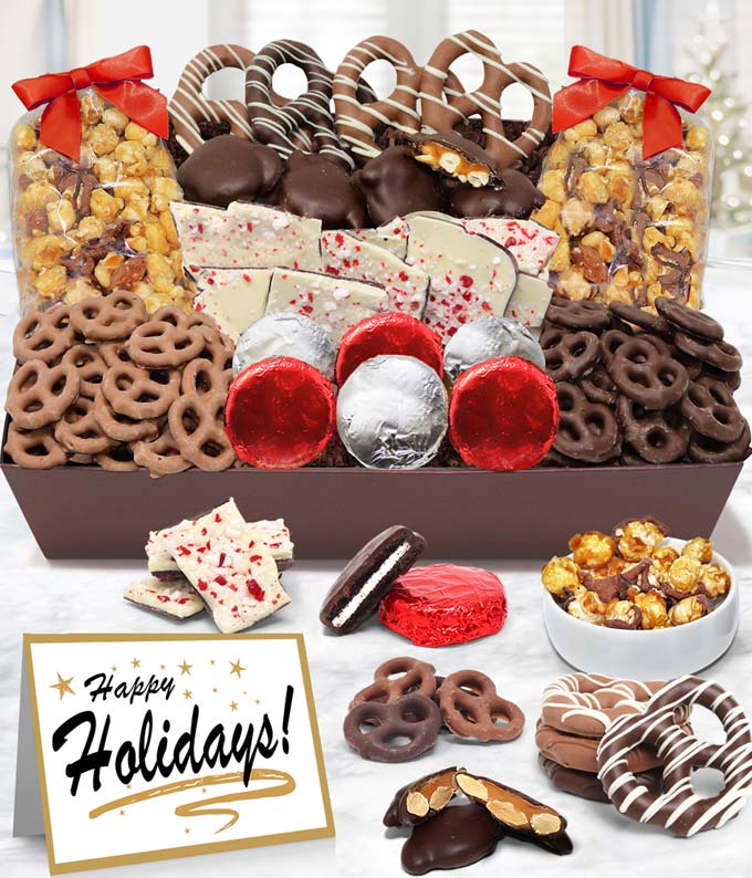 Holiday chocolate covered treats and chocolate bark in a gift box