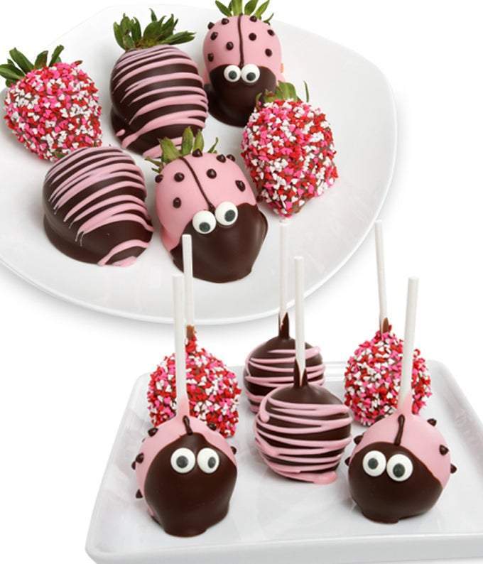 Ladybug cake pops are delivered with ladybug chocolate covered strawberries