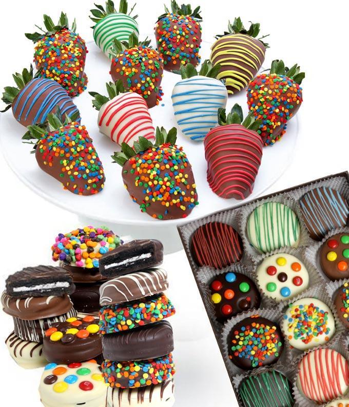 Chocolate covered cookies delivered with chocolate covered strawberries both topped with sprinkles and chocolate drizzle