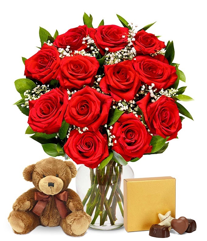 One Dozen Red Roses with Chocolates &amp; Bear