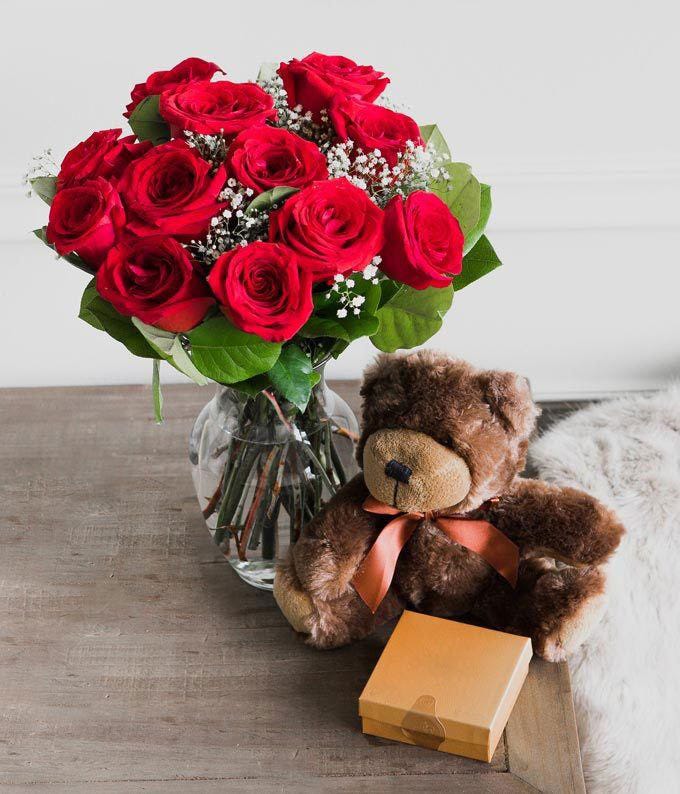 One Dozen Red Roses with Chocolates &amp; Bear