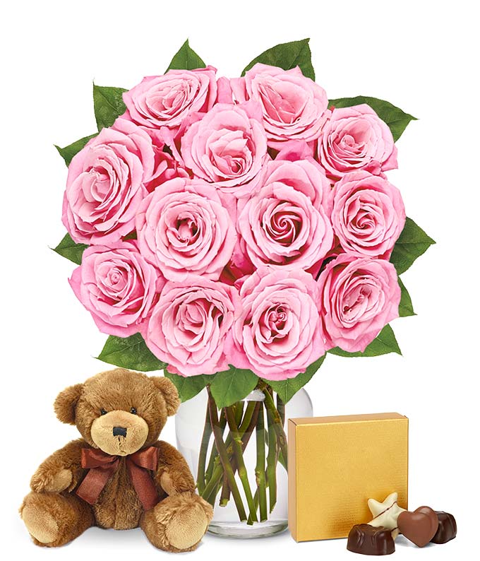 One Dozen Pink Roses with Chocolates and a Bear