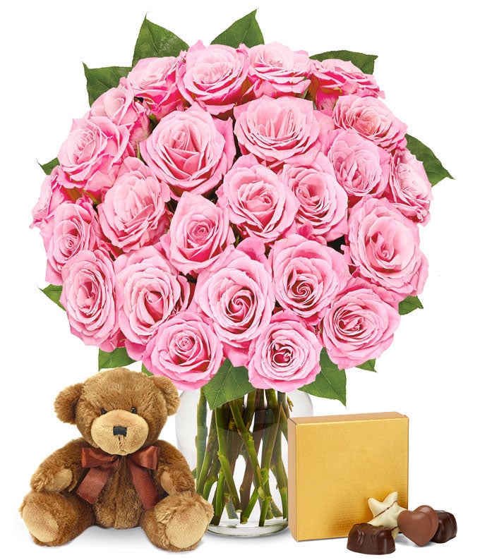 Two Dozen Pink Roses with Chocolates and a Bear
