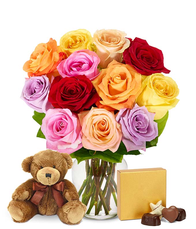 One Dozen Rainbow Roses with Chocolates &amp; Bear