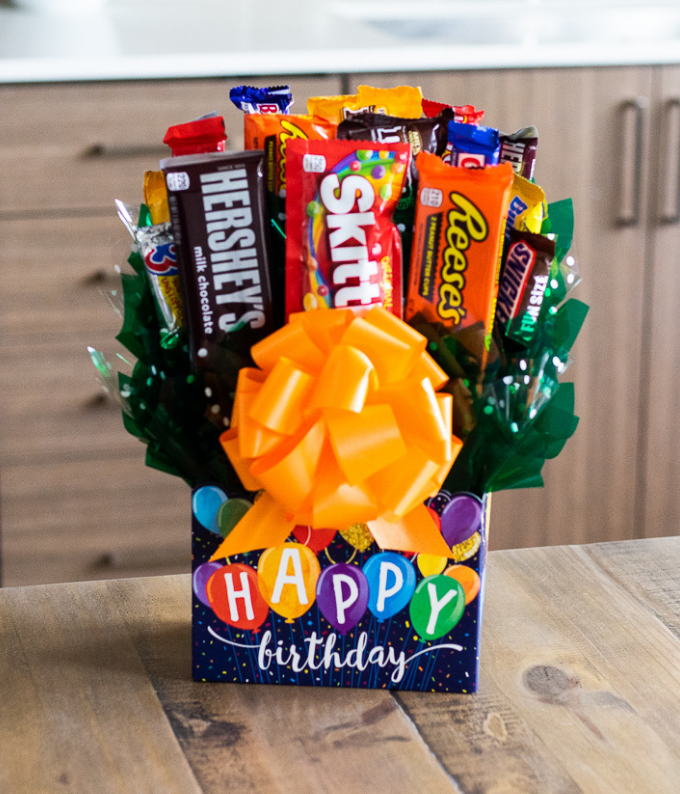 Say happy birthday with a candy arrangement