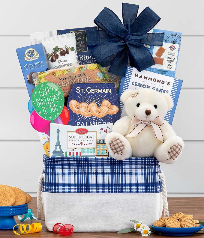 Happy birthday gift basket with teddy bear