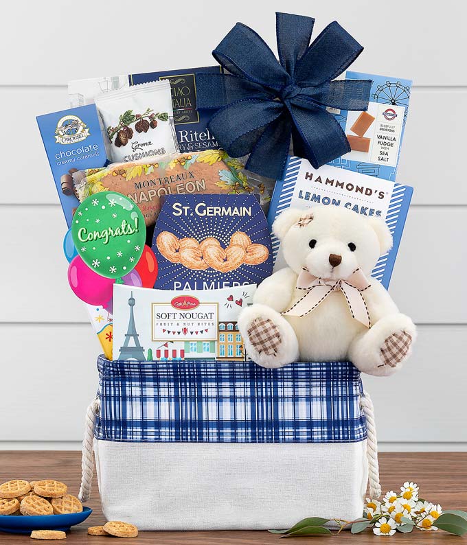 Teddy bear congratulations gift basket with chocolate treats