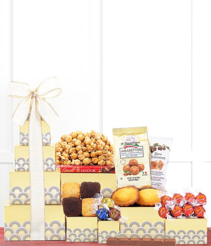 Valentine gift tower with chocolate and treats for delivery