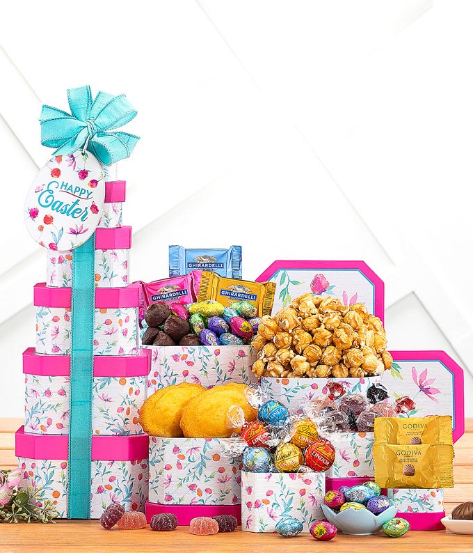 Easter gift tower with candy, cookies and chocolate