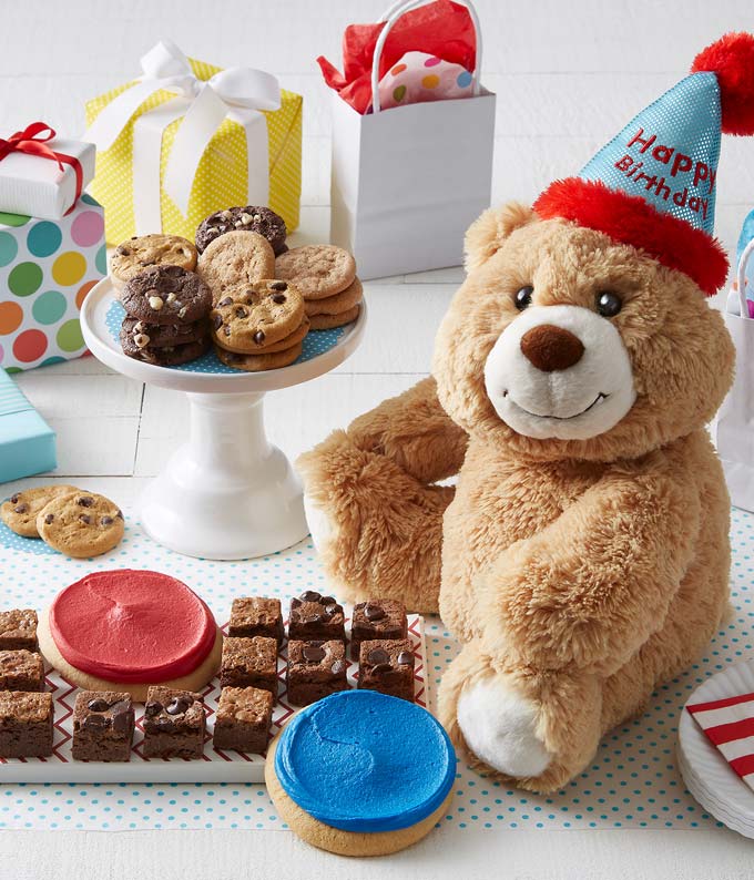 Happy birthday cookies delivered with a birthday teddy bear