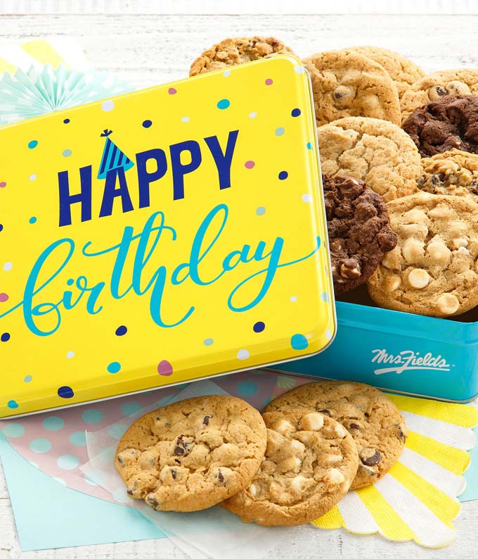 Assorted cookies in a birthday tin delivered by mail