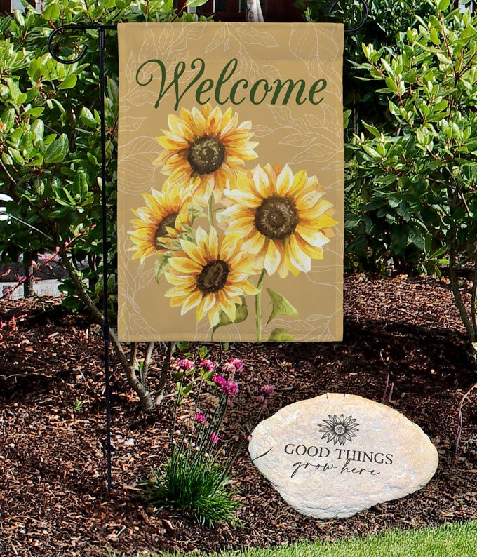 Welcome Sunflower Garden Flag &amp; Stone